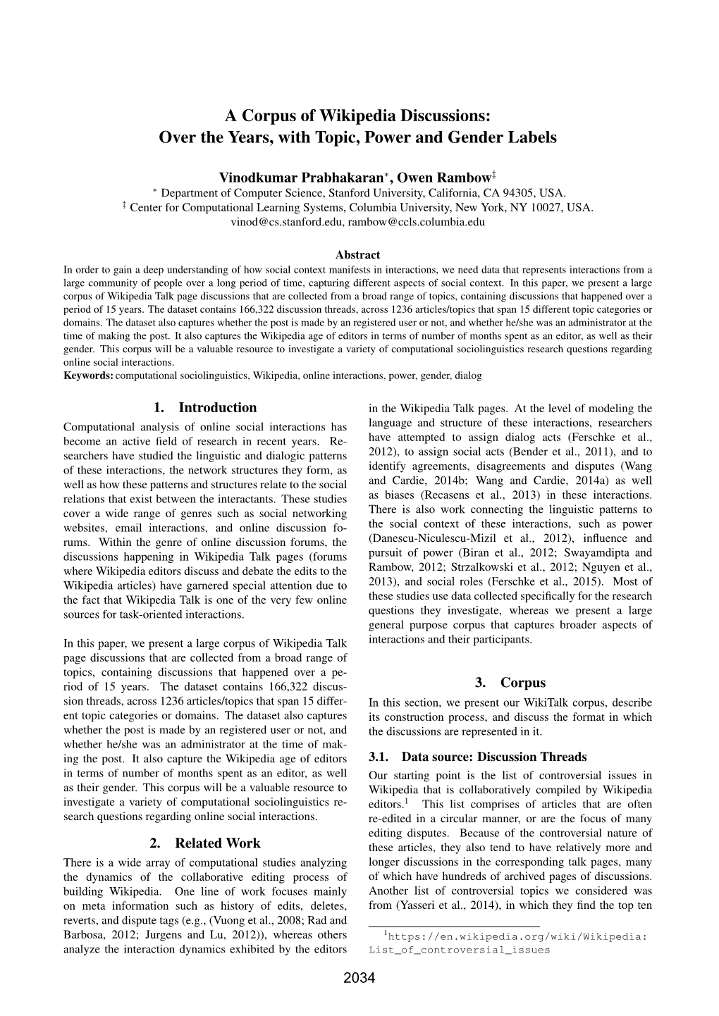 A Corpus of Wikipedia Discussions: Over the Years, with Topic, Power and Gender Labels