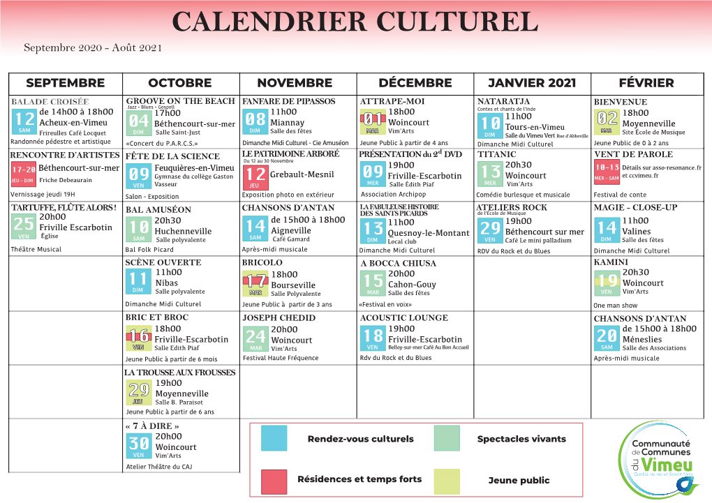 CALENDRIER CULTUREL Septembre 2020 - Août 2021