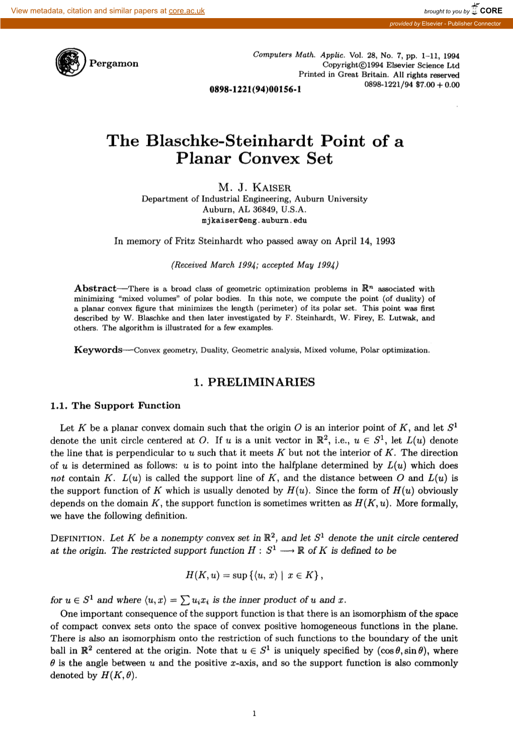 The Blaschke-Steinhardt Point of a Planar Convex Set