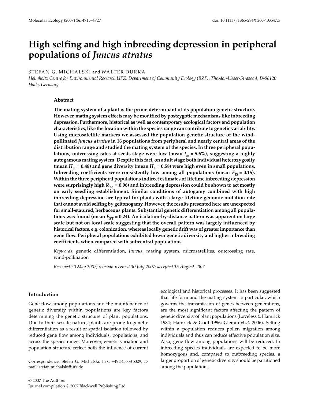 High Selfing and High Inbreeding Depression in Peripheral