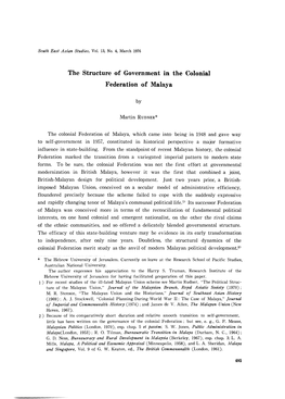 The Structure of Government in the Colonial Federation of Malaya