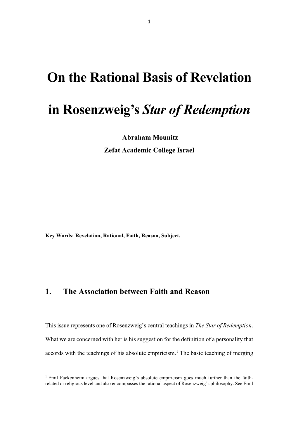 On the Rational Basis of Revelation in Rosenzweig's Star Of