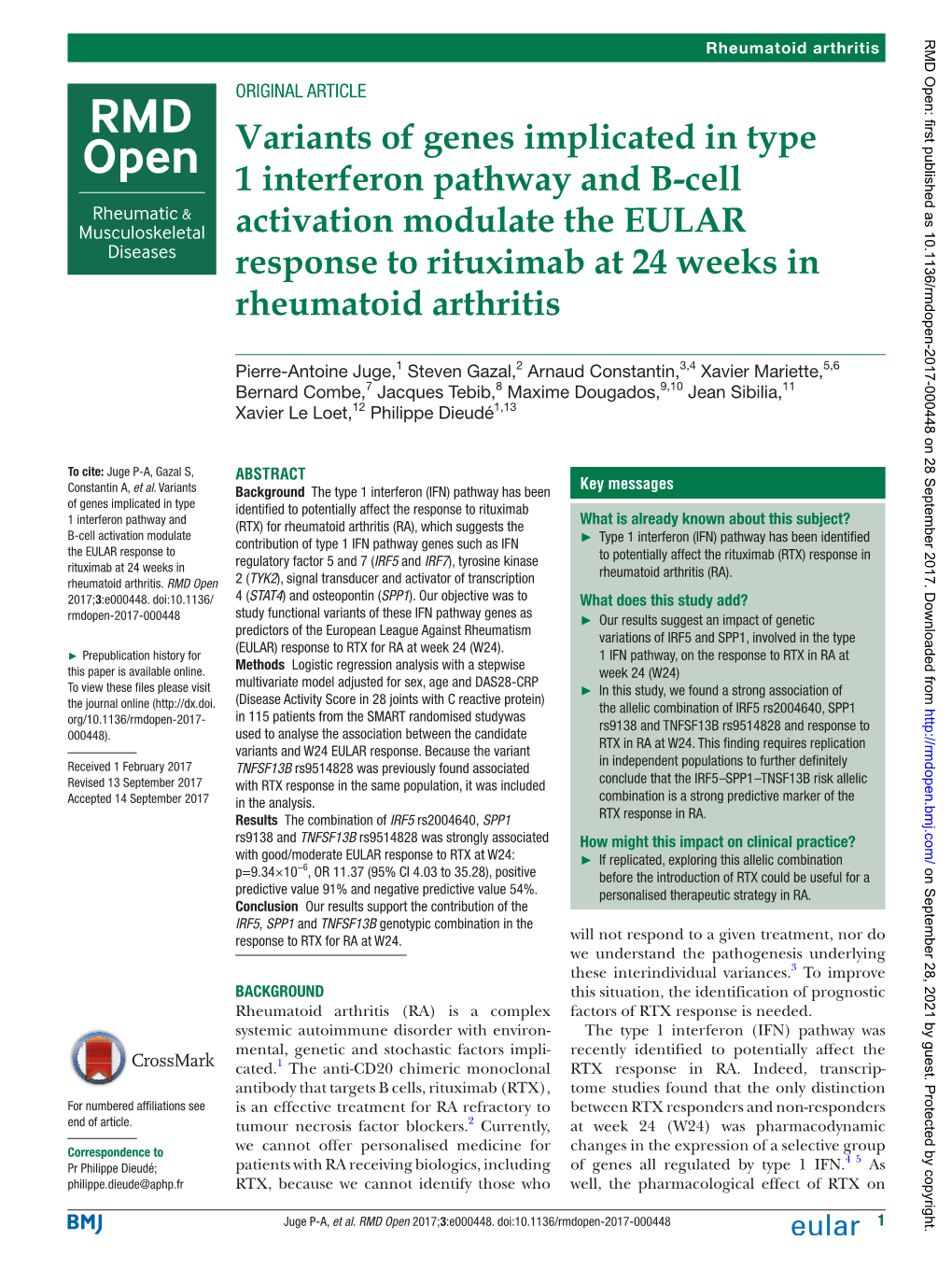 Variants of Genes Implicated in Type 1 Interferon Pathway and B-Cell Activation Modulate the EULAR Response to Rituximab at 24 Weeks in Rheumatoid Arthritis