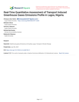 Real-Time Quantitative Assessment of Transport Induced Greenhouse Gases Emissions Pro Le in Lagos, Nigeria