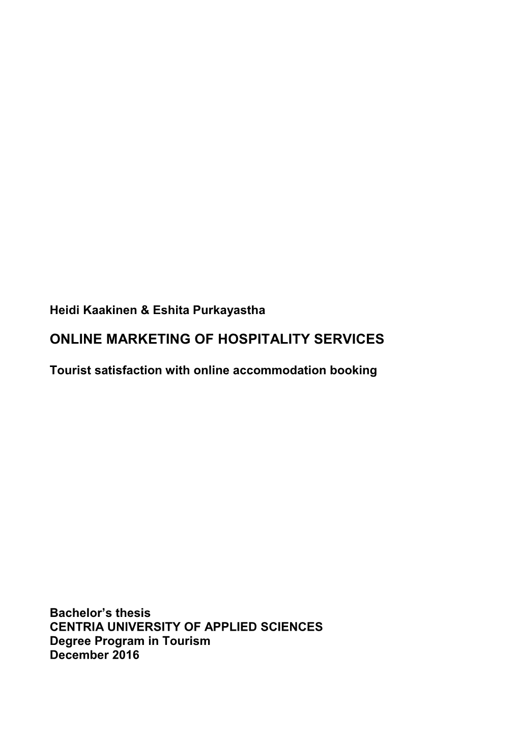 Online Marketing of Hospitality Services