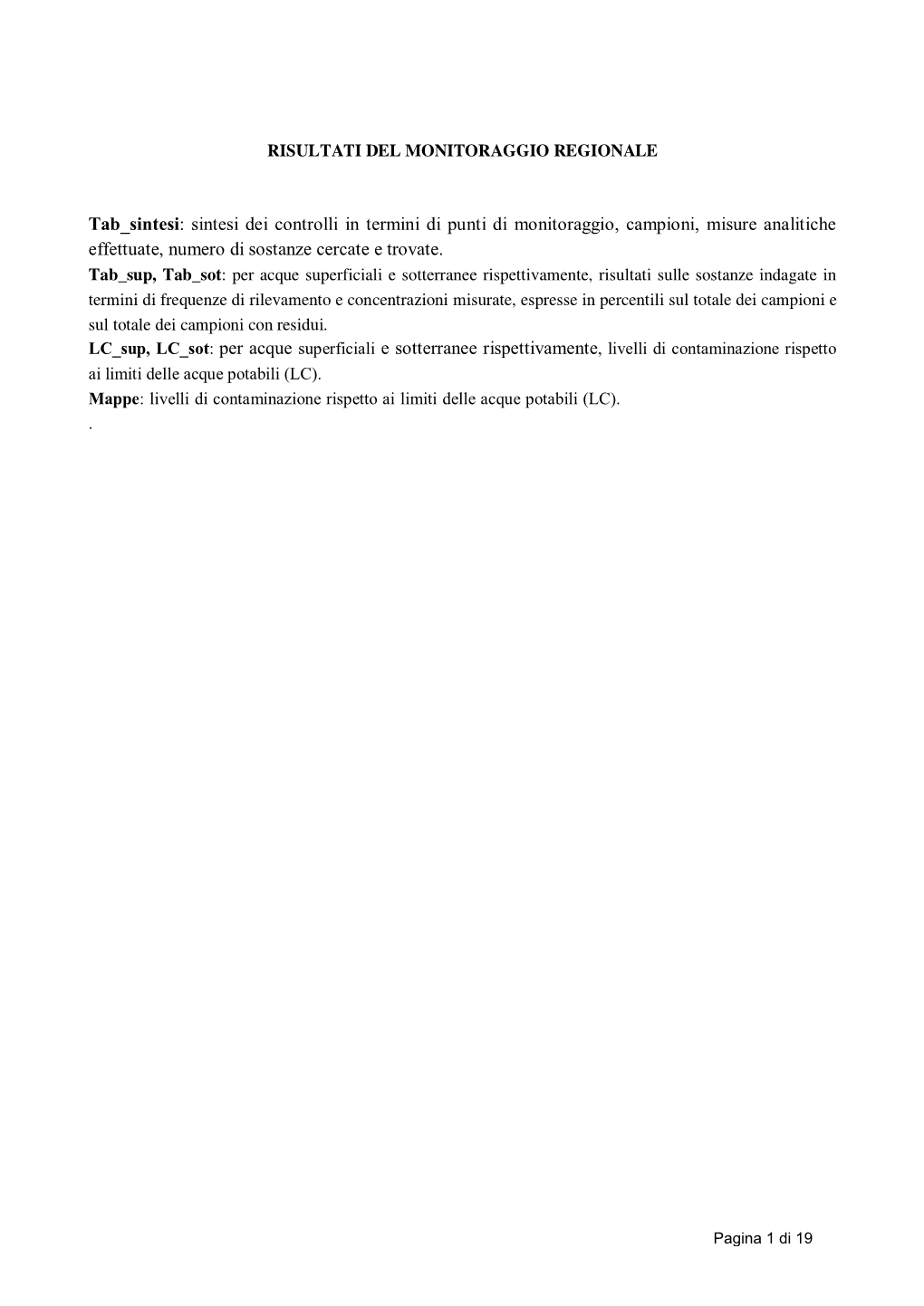 Tab Sintesi: Sintesi Dei Controlli in Termini Di Punti Di Monitoraggio, Campioni, Misure Analitiche Effettuate, Numero Di Sostanze Cercate E Trovate