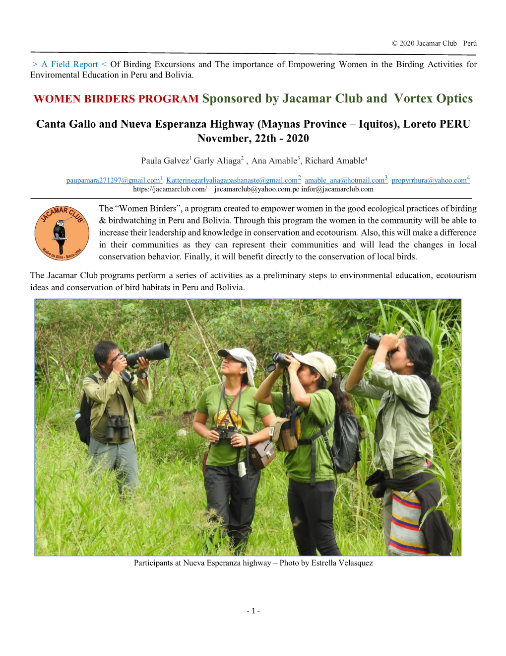 WOMEN BIRDERS PROGRAM Sponsored by Jacamar Club and Vortex Optics