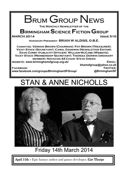 Brum Group News the Monthly Newsletter of the BIRMINGHAM SCIENCE FICTION GROUP MARCH 2014 Issue 510 Honorary President: BRIAN W ALDISS, O.B.E