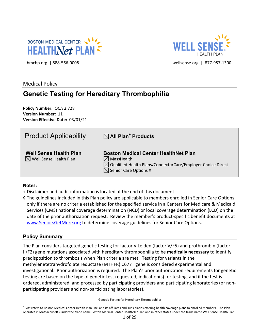 Genetic Testing for Hereditary Thrombophilia Product Applicability