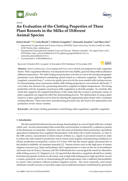 An Evaluation of the Clotting Properties of Three Plant Rennets in the Milks of Diﬀerent Animal Species
