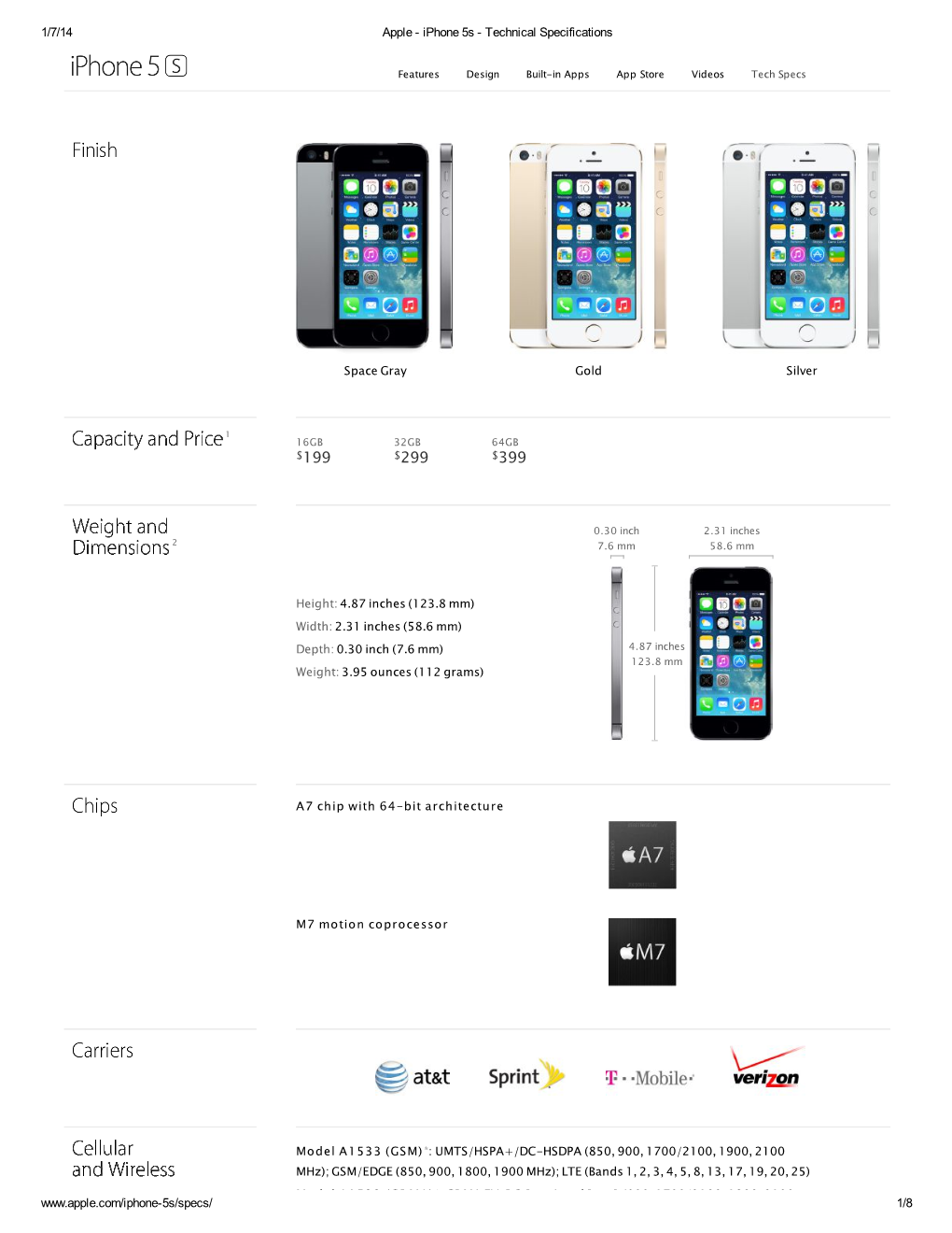 1/7/14 Apple - Iphone 5S - Technical Specifications