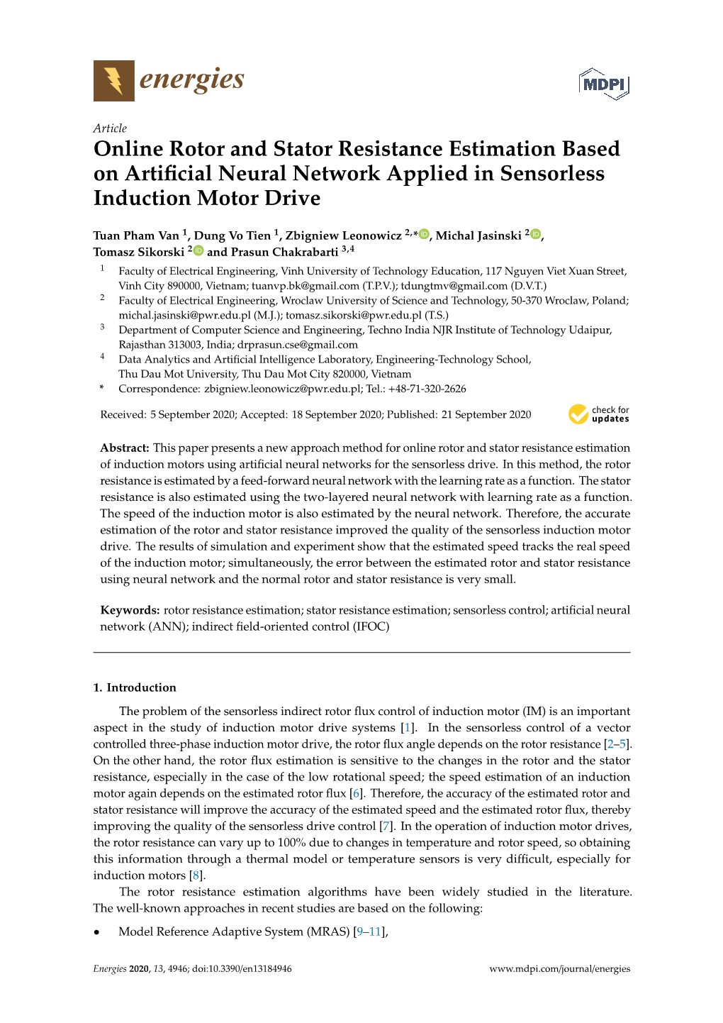 Online Rotor and Stator Resistance Estimation Based on Artificial