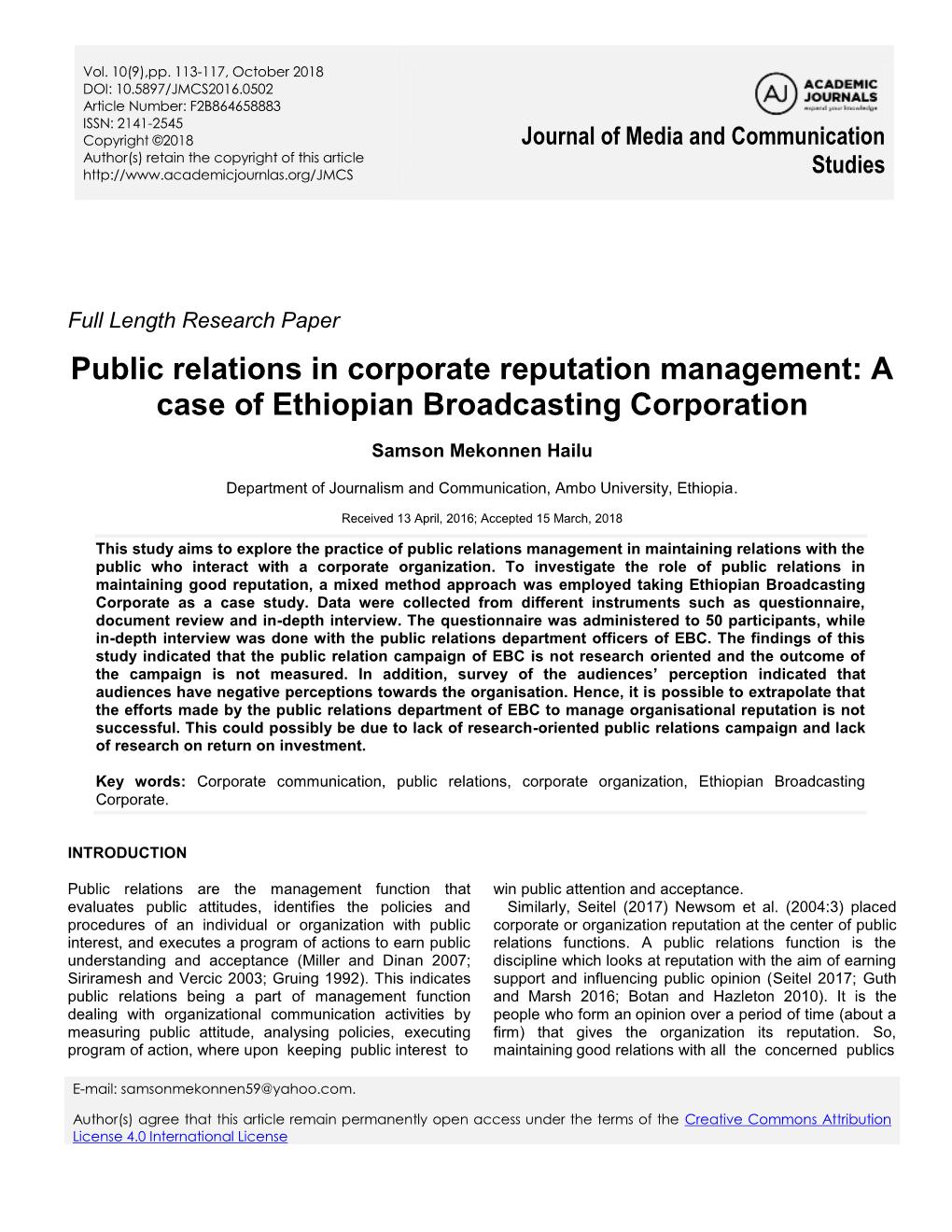 Public Relations in Corporate Reputation Management: a Case of Ethiopian Broadcasting Corporation