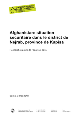 Afghanistan: Situation Sécuritaire Dans Le District De Nejrab, Province De Kapisa