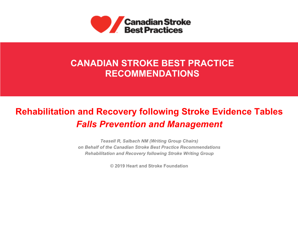 Rehabilitation and Recovery Following Stroke Evidence Tables Falls Prevention and Management