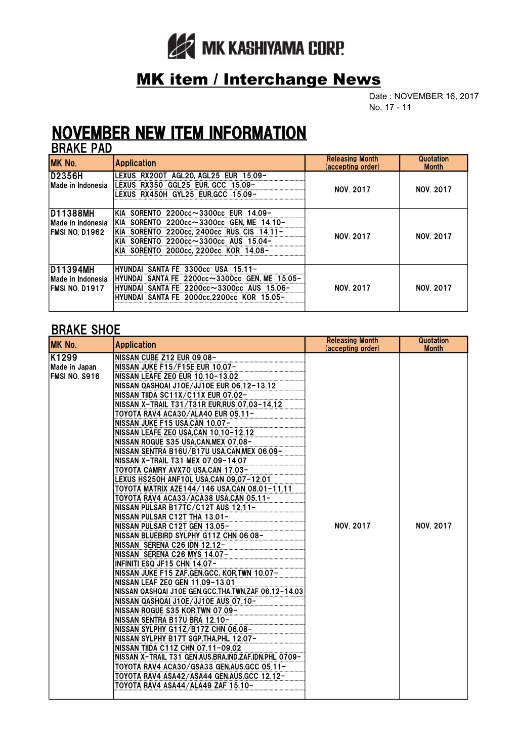 NOVEMBER NEW ITEM INFORMATION MK Item