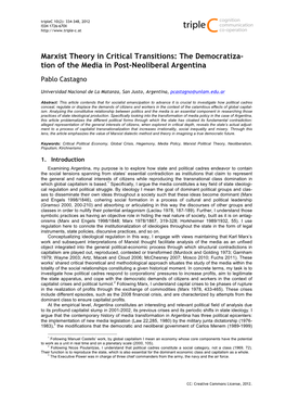 Marxist Theory in Critical Transitions: the Democratiza- Tion of the Media in Post-Neoliberal Argentina