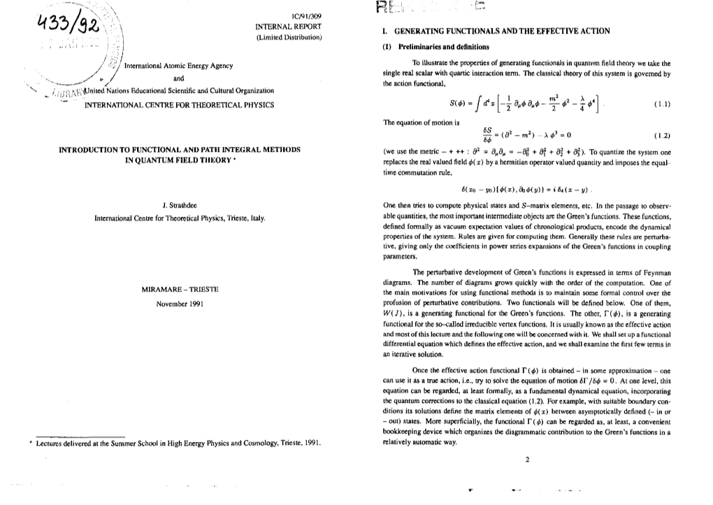 ———^ S the Action Functional, I;; \T\'Ajnited Nations Educational Scientific and Cultural Organization ** INTERNATIONAL CENTRE for THEORETICAL PHYSICS (1.1)