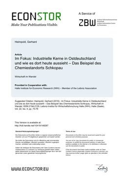 Im Fokus: Industrielle Kerne in Ostdeutschland Und Wie Es Dort Heute Aussieht – Das Beispiel Des Chemiestandorts Schkopau