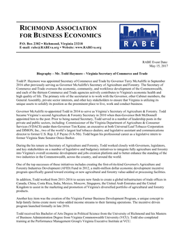 Todd Haymore – Virginia Secretary of Commerce and Trade