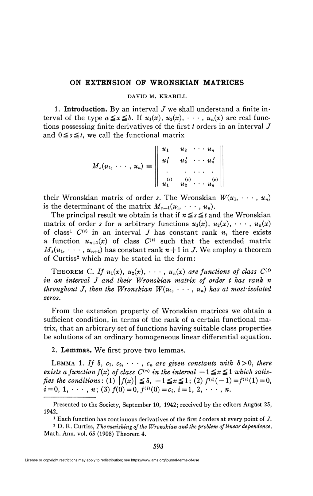 ON EXTENSION of WRONSKIAN MATRICES 1. Introduction. by An