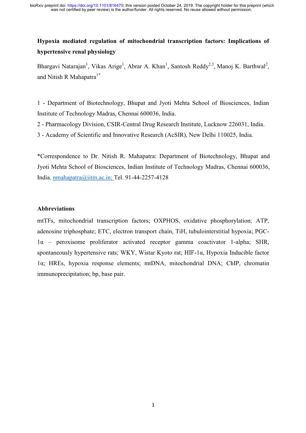 Hypoxia Mediated Regulation of Mitochondrial Transcription Factors: Implications of Hypertensive Renal Physiology