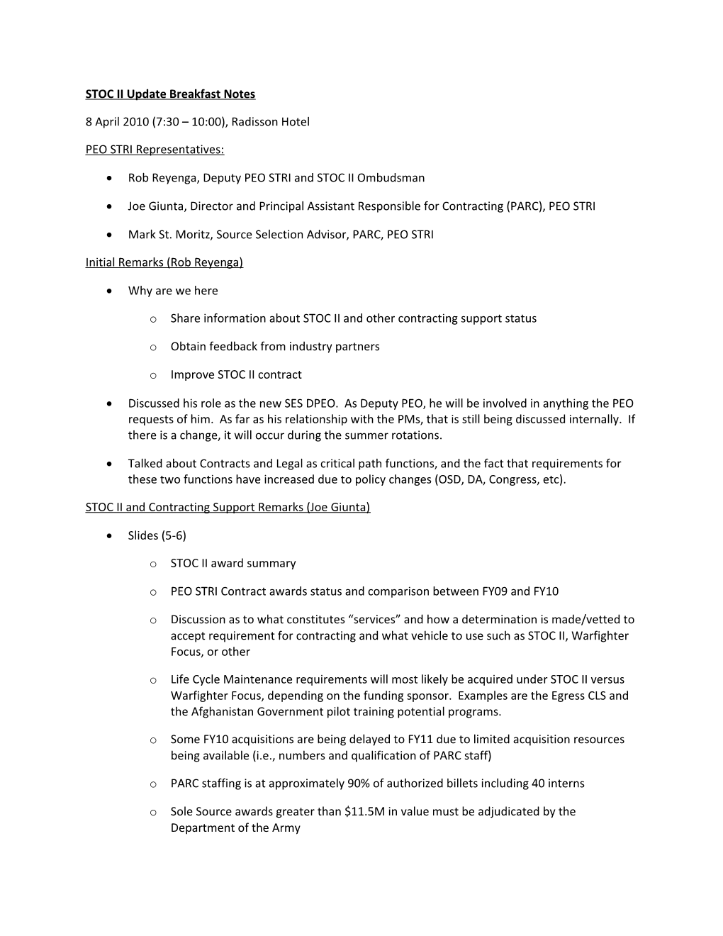 STOC II Update Breakfast Notes