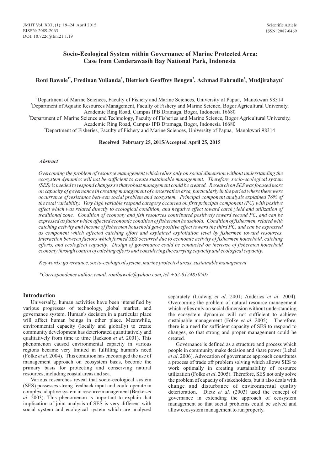 Socio-Ecological System Within Governance of Marine Protected Area: Case from Cenderawasih Bay National Park, Indonesia