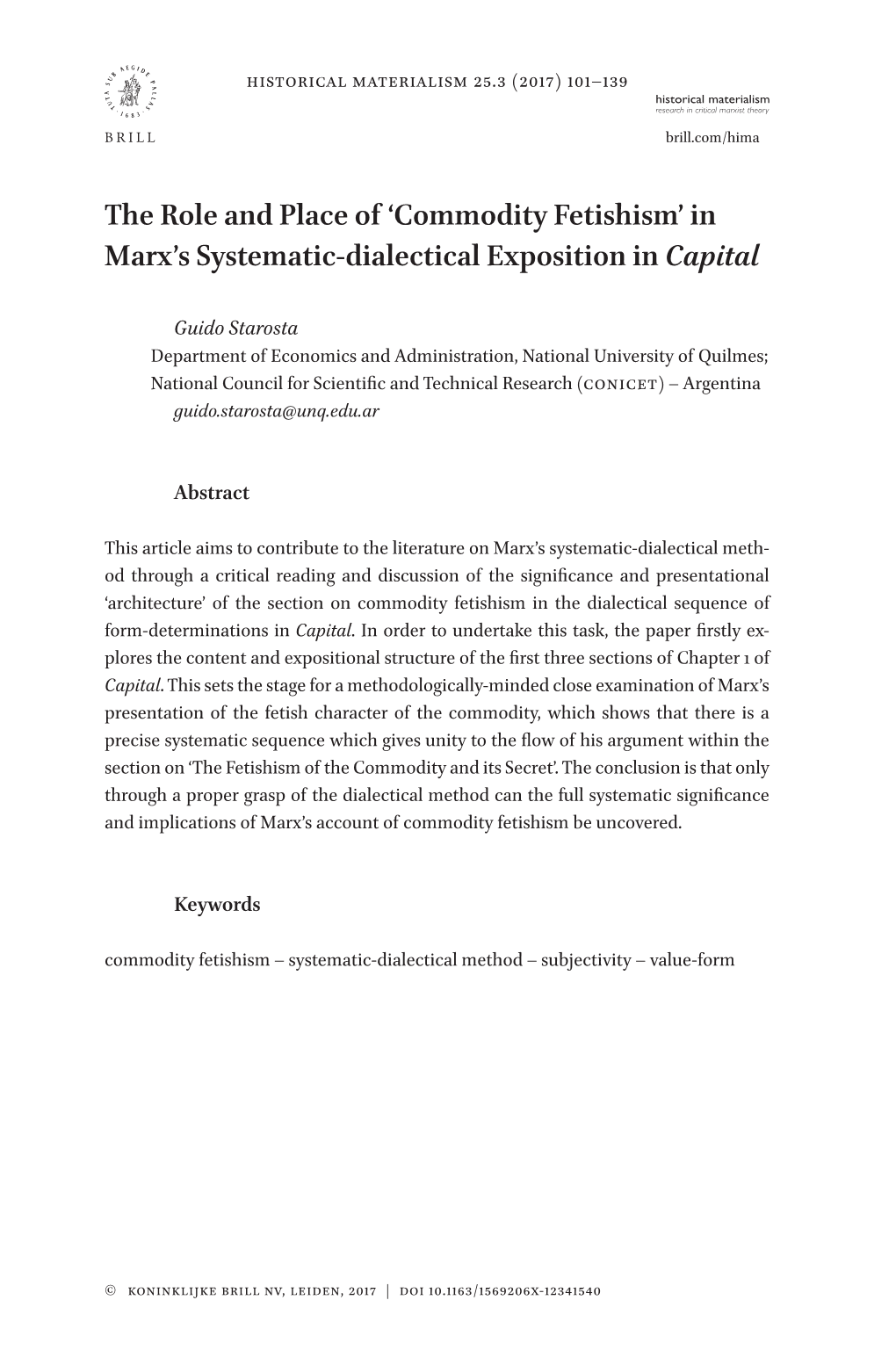 The Role and Place of 'Commodity Fetishism' in Marx's Systematic