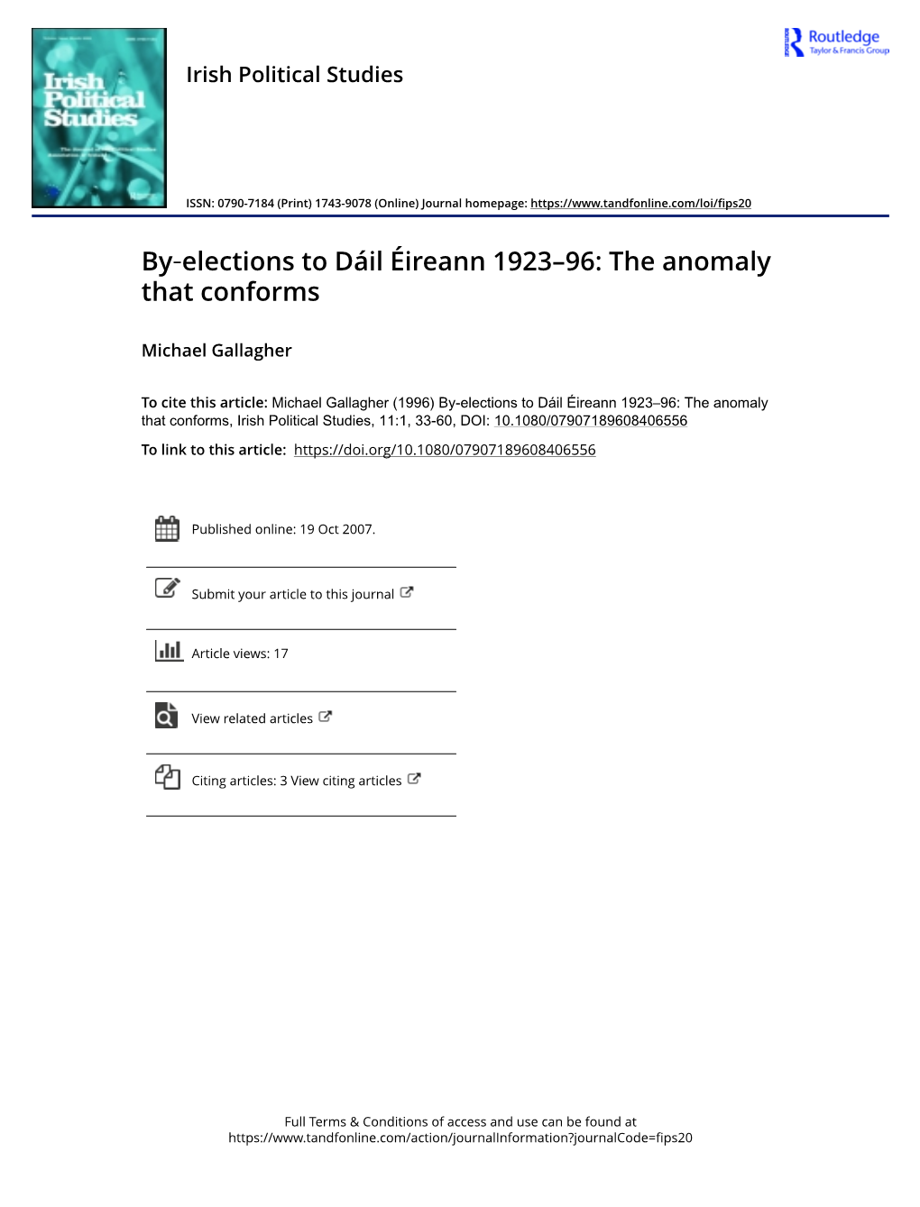 By-Elections to Dáil Éireann 1923-96: the Anomaly That Conforms