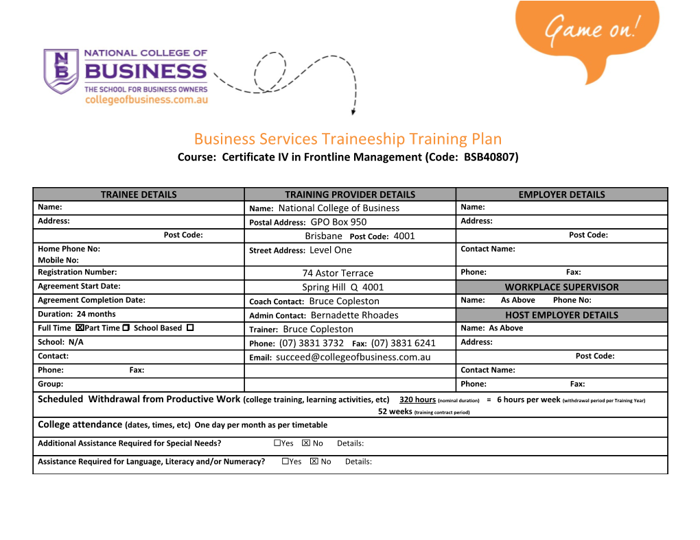 Business Services Traineeship Training Plan