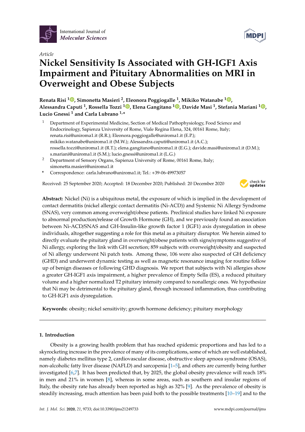 Nickel Sensitivity Is Associated with GH-IGF1 Axis Impairment and Pituitary Abnormalities on MRI in Overweight and Obese Subjects