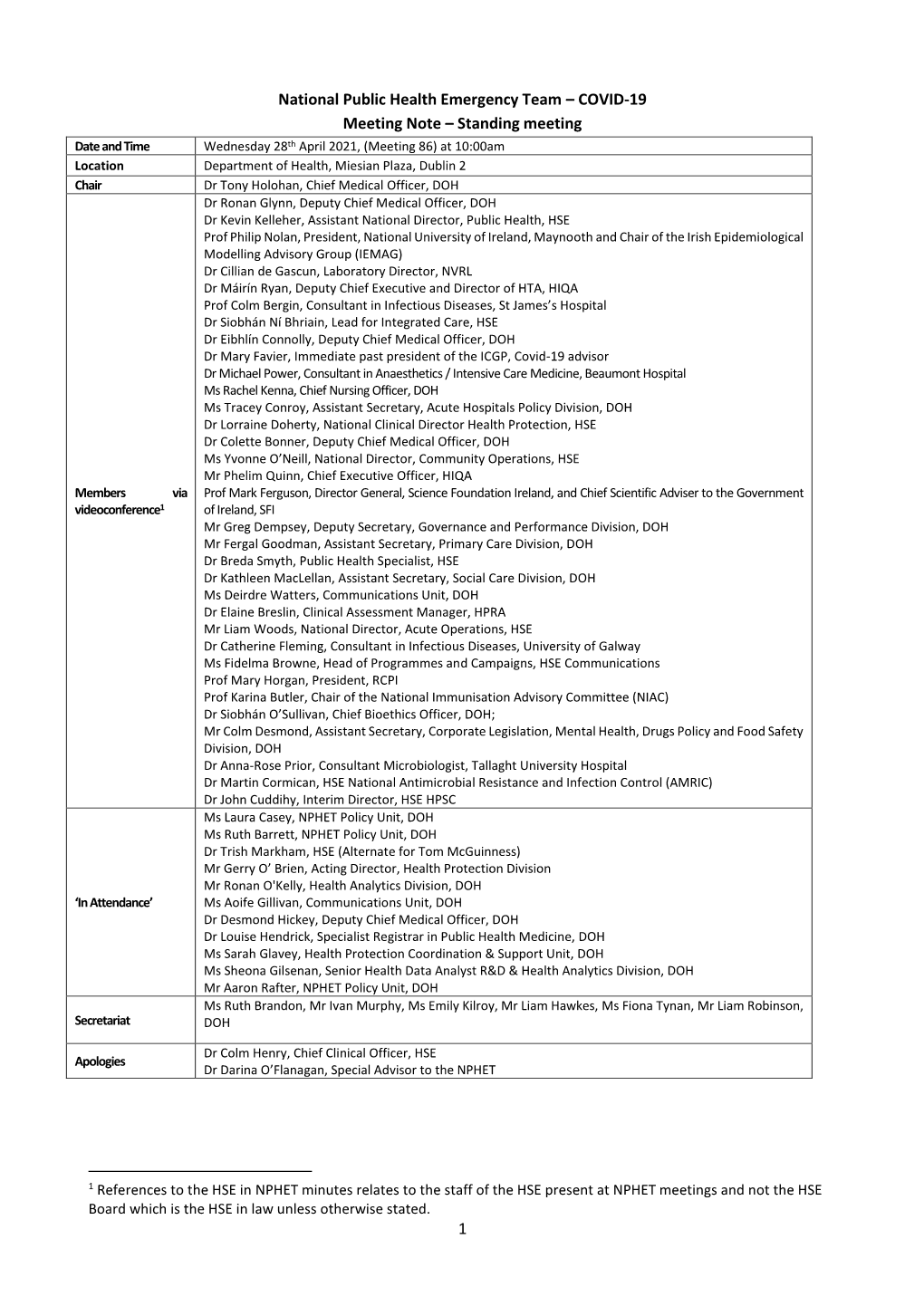 1 National Public Health Emergency Team – COVID-19 Meeting Note