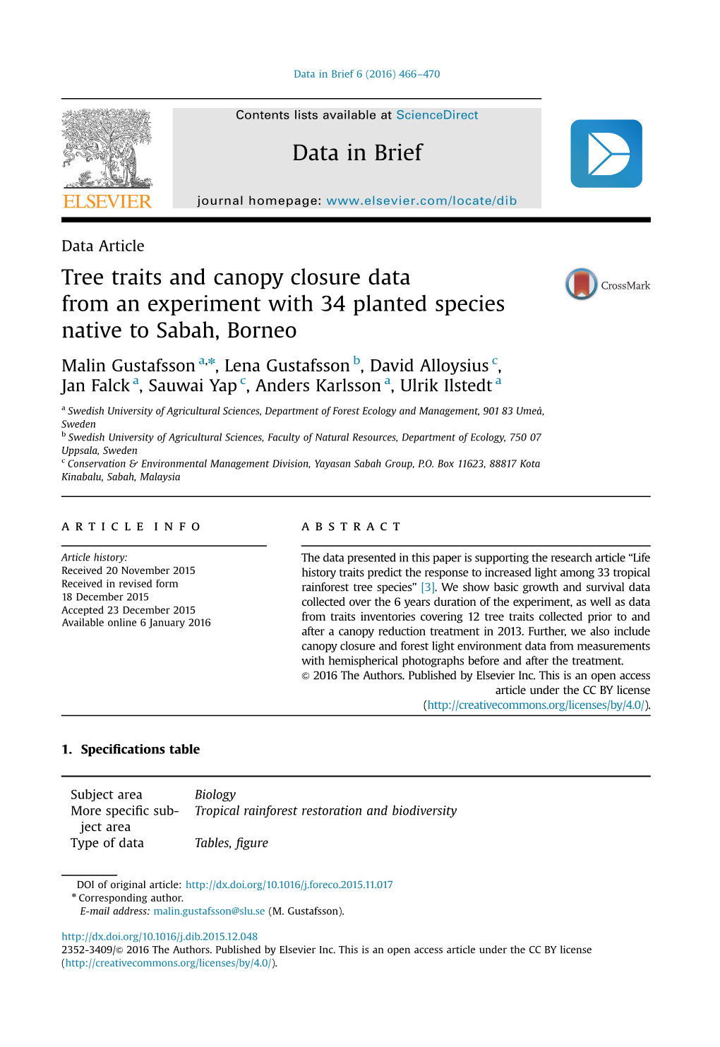 Tree Traits and Canopy Closure Data from an Experiment with 34 Planted Species Native to Sabah, Borneo