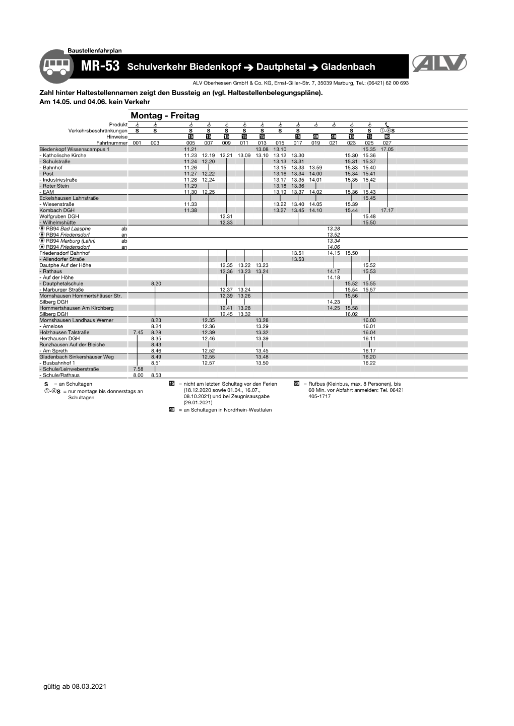 Fahrplan MR-53 Schulverkehr Biedenkopf ൹ Dautphetal ൹ Gladenbach RD ALV Oberhessen Gmbh & Co