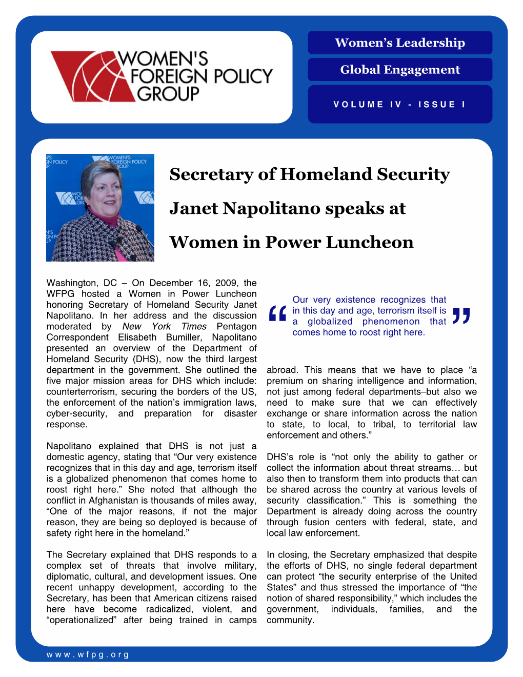Secretary of Homeland Security Janet Napolitano Speaks at Women In