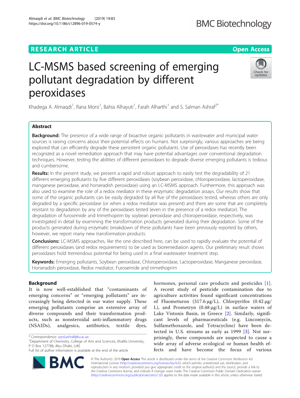 LC-MSMS Based Screening of Emerging Pollutant Degradation by Different Peroxidases Khadega A