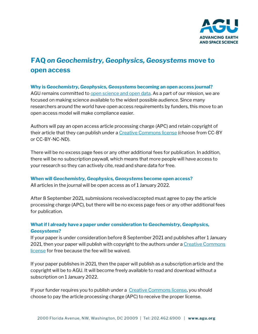 FAQ on Geochemistry, Geophysics, Geosystems Move to Open Access