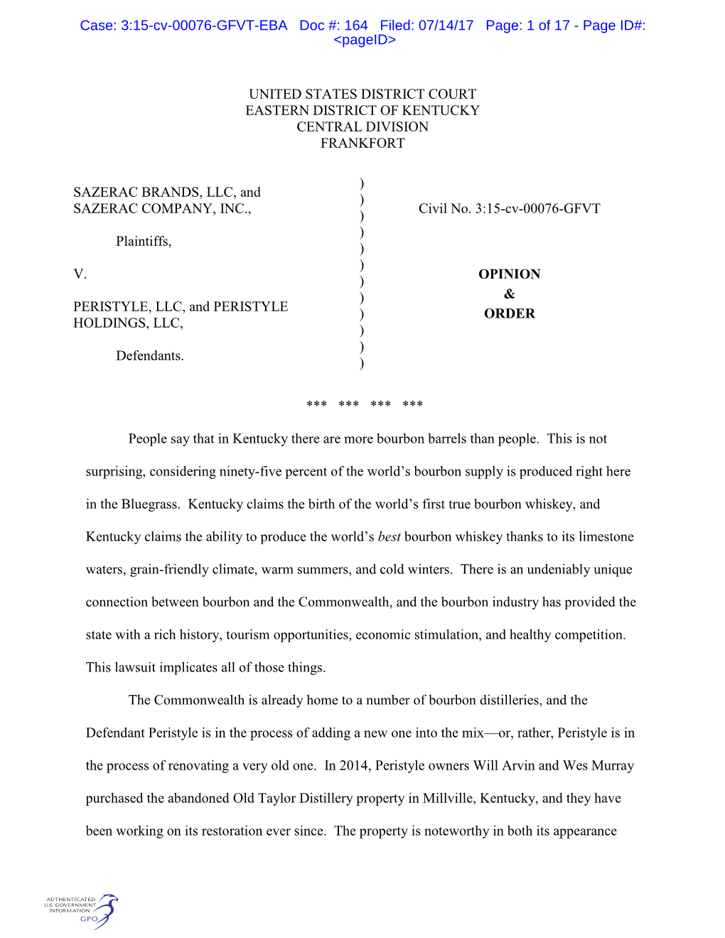 Case: 3:15-Cv-00076-GFVT-EBA Doc #: 164 Filed: 07/14/17 Page