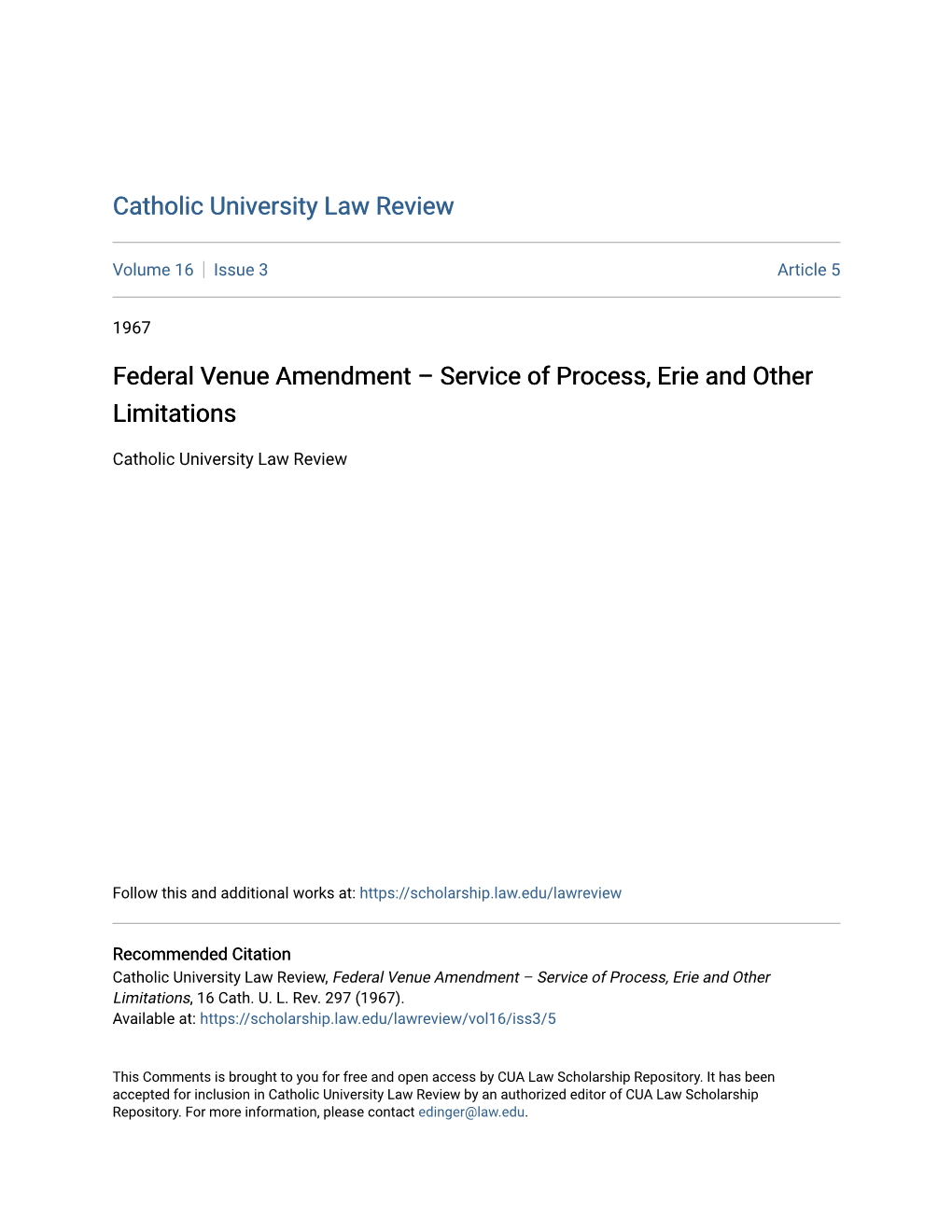 Federal Venue Amendment Â•Fi Service of Process, Erie and Other