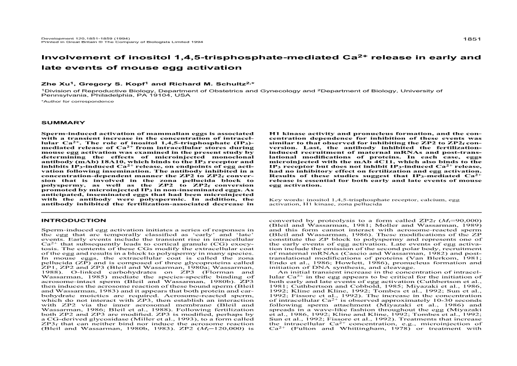 Involvement of Inositol 1,4,5-Trisphosphate-Mediated Ca2+ Release in Early and Late Events of Mouse Egg Activation