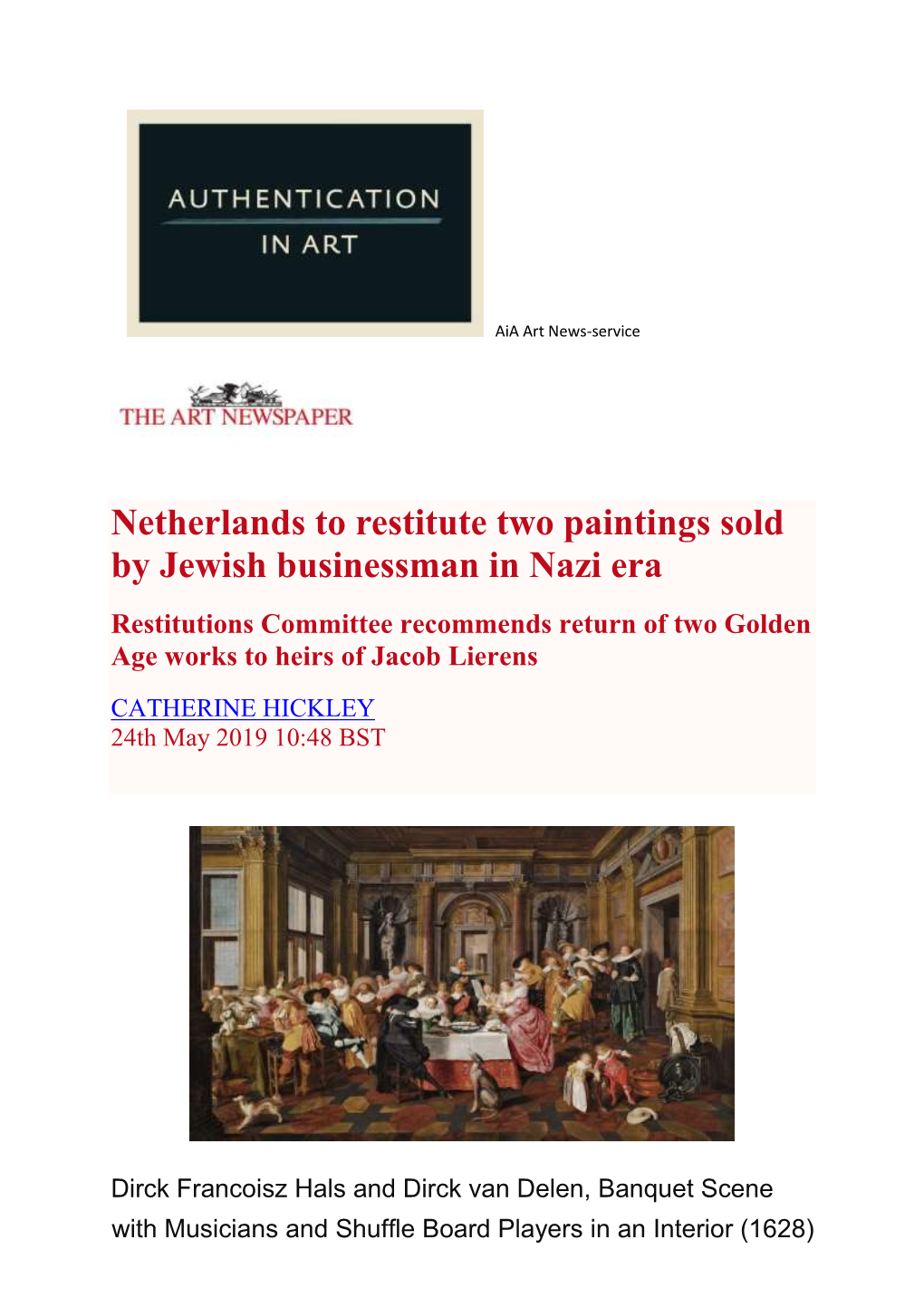 Netherlands to Restitute Two Paintings Sold by Jewish Businessman