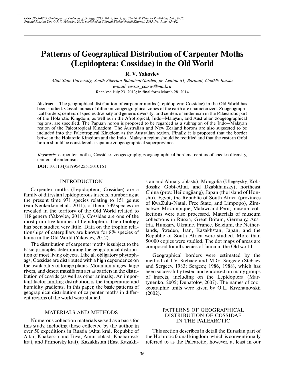 Patterns of Geographical Distribution of Carpenter Moths (Lepidoptera: Cossidae) in the Old World R