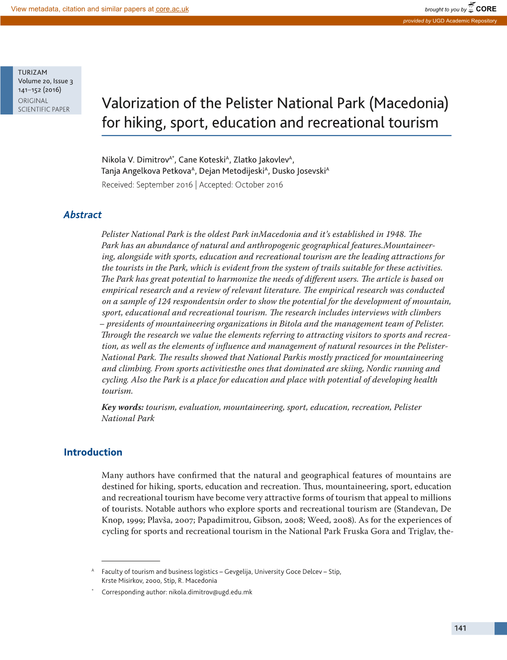 Valorization of the Pelister National Park (Macedonia) for Hiking, Sport, Education and Recreational Tourism