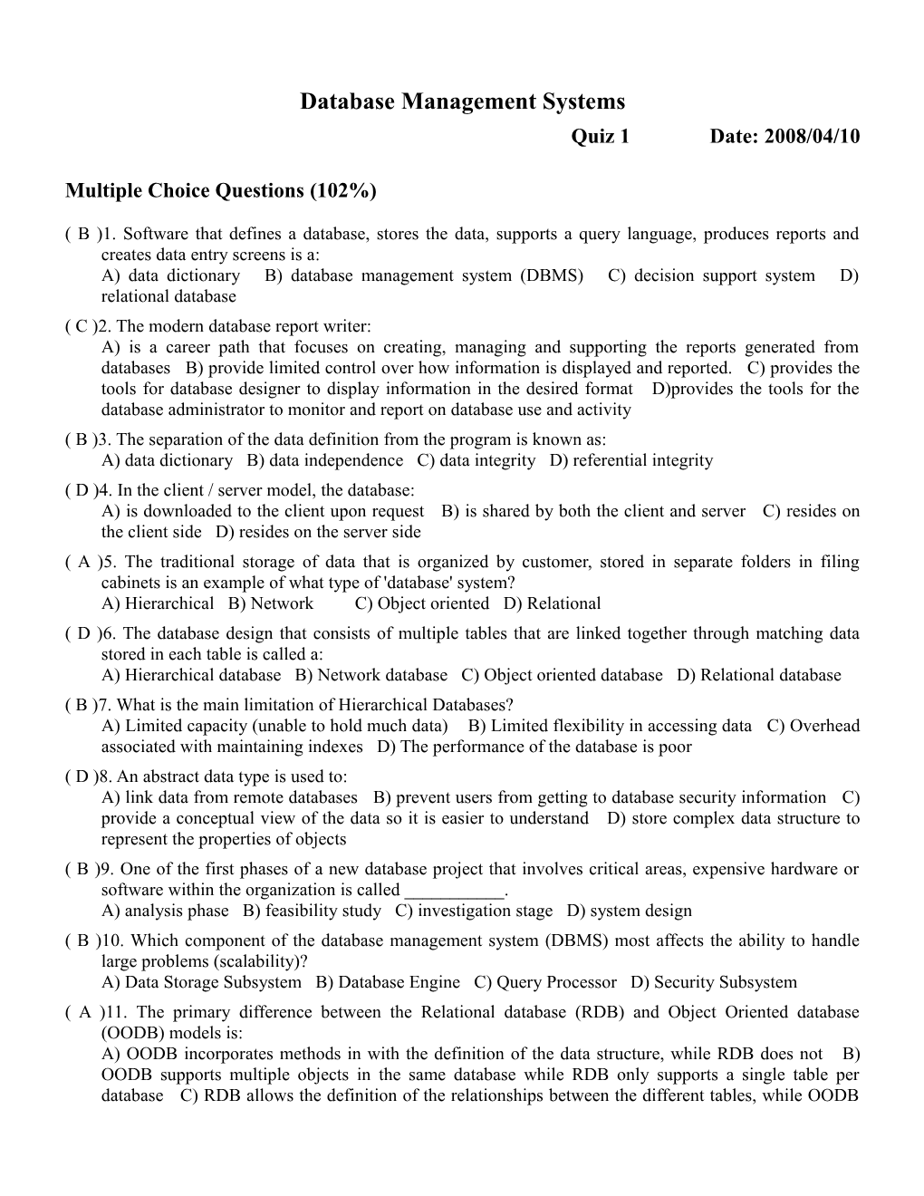 Database Management Systems Multiple Choice Questions