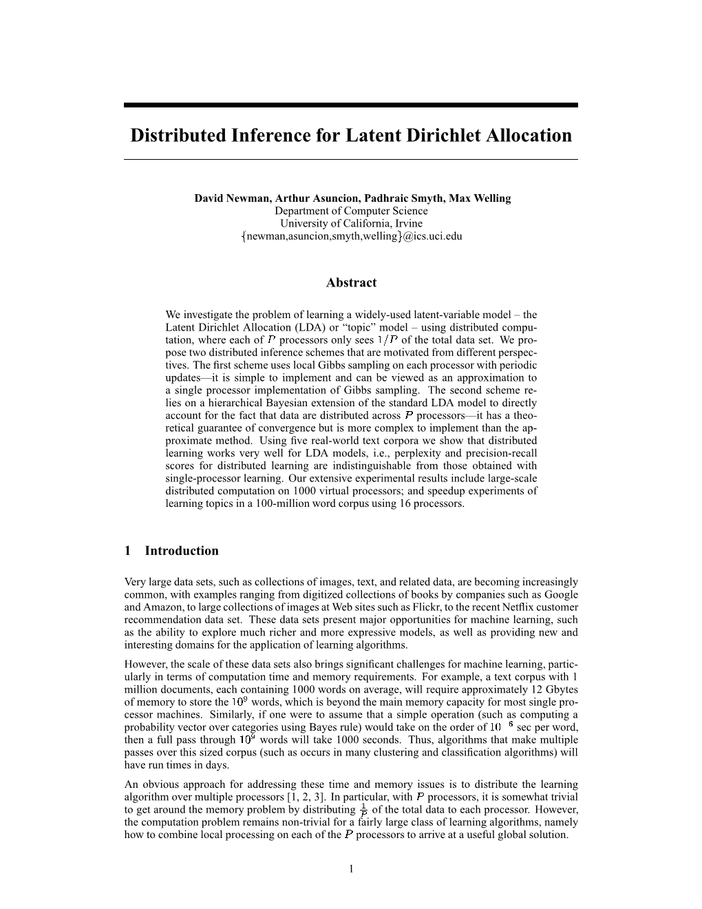 Distributed Inference for Latent Dirichlet Allocation