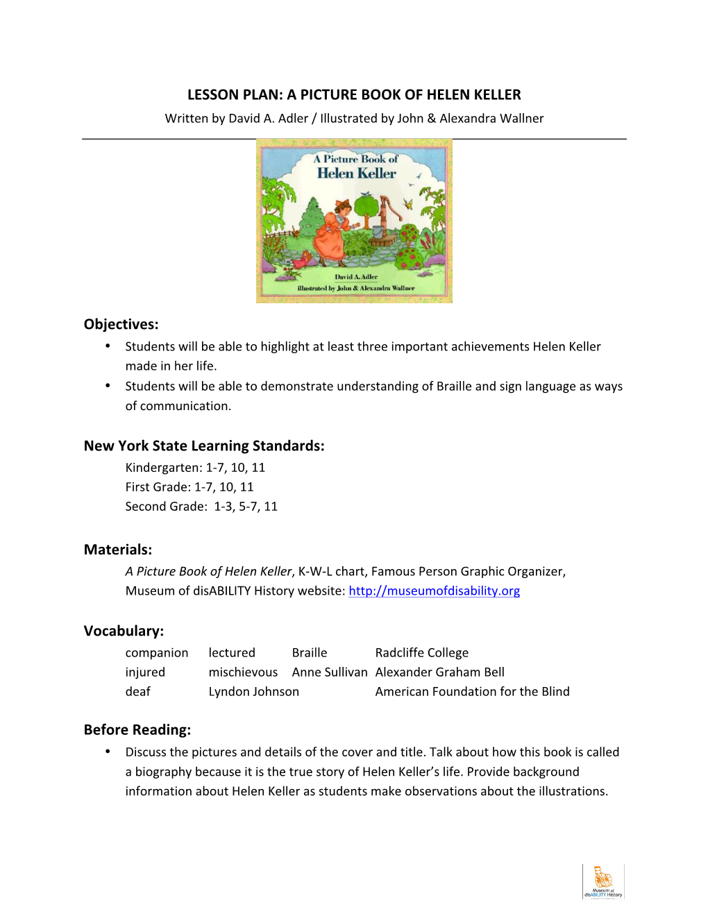 LESSON PLAN: a PICTURE BOOK of HELEN KELLER Written by David A