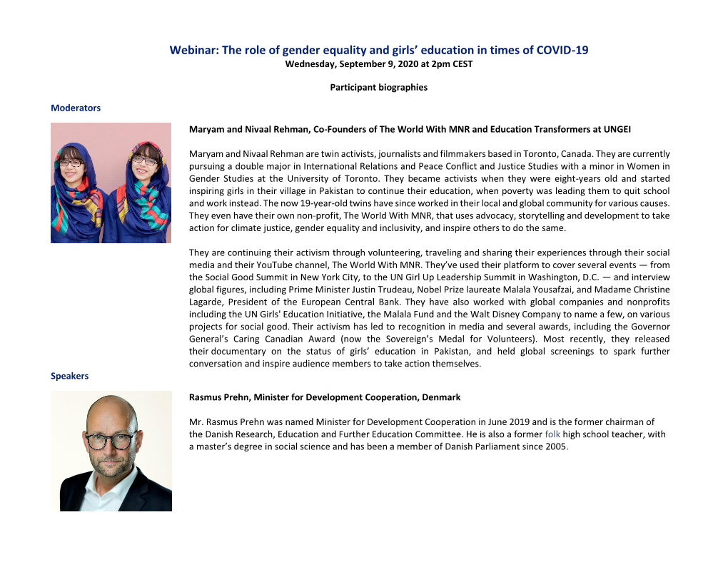 Webinar: the Role of Gender Equality and Girls’ Education in Times of COVID-19 Wednesday, September 9, 2020 at 2Pm CEST