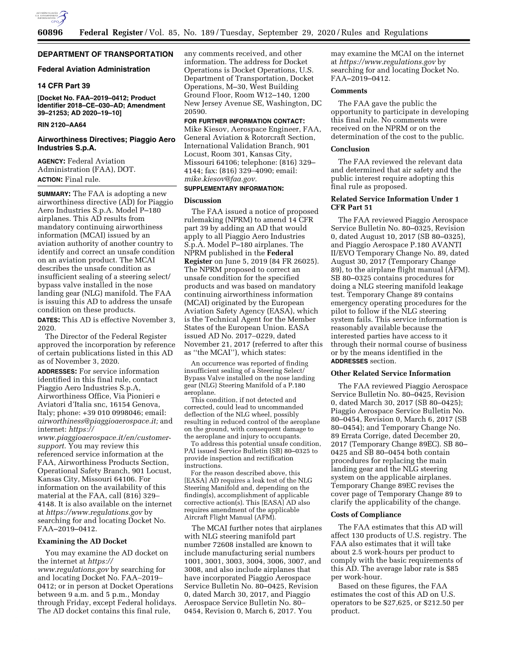 Federal Register/Vol. 85, No. 189/Tuesday, September 29, 2020