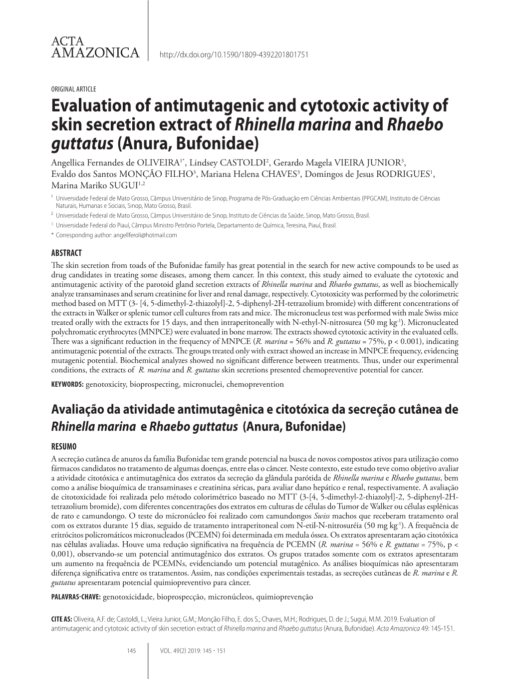 Evaluation of Antimutagenic and Cytotoxic Activity of Skin Secretion